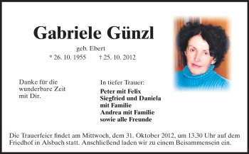 Traueranzeige von Gabriele Günzl von Echo-Zeitungen (Gesamtausgabe)