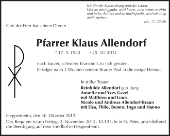Traueranzeige von Klaus Allendorf von Starkenburger Echo