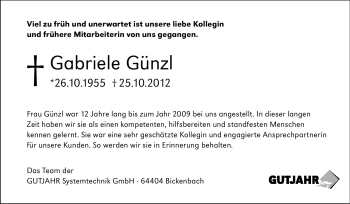 Traueranzeige von Gabriele Günzl von Starkenburger Echo, Bergsträßer Anzeiger