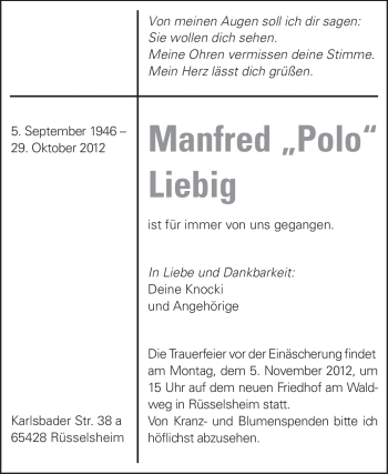 Traueranzeige von Manfred Liebig von Rüsselsheimer Echo, Groß-Gerauer-Echo, Ried Echo
