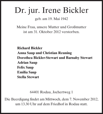 Traueranzeige von Irene Bickler von Echo-Zeitungen (Gesamtausgabe) Traueranzeige von Irene Bickler von Echo-Zeitungen (Gesamtausgabe)