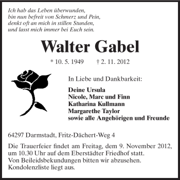 Traueranzeige von Walter Gabel von Echo-Zeitungen (Gesamtausgabe)