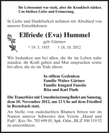 Traueranzeige von Elfriede Hummel von Odenwälder Echo