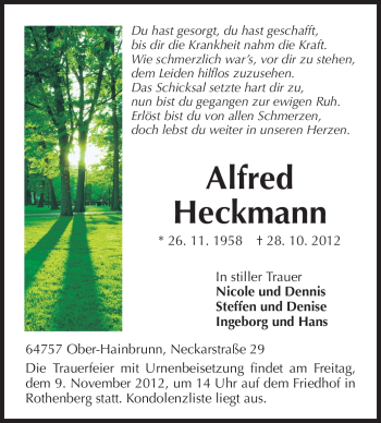 Traueranzeige von Alfred Heckmann von Odenwälder Echo