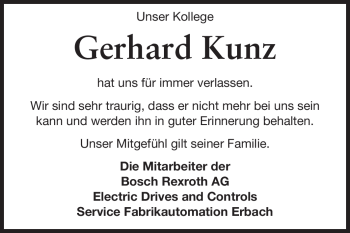 Traueranzeige von Gerhard Kunz von Odenwälder Echo
