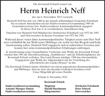 Traueranzeige von Heinrich Neff von Odenwälder Echo