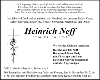 Traueranzeige von Heinrich Neff von Odenwälder Echo