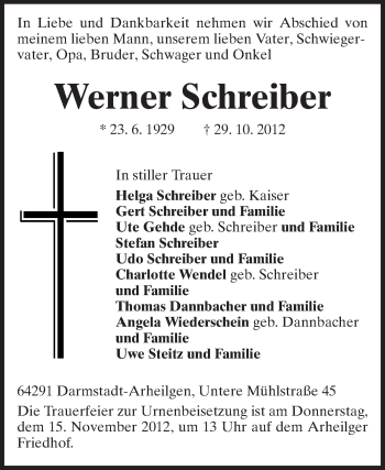 Traueranzeige von Werner Schreiber von Echo-Zeitungen (Gesamtausgabe)