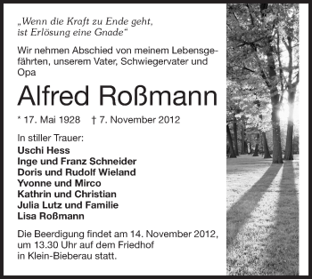 Traueranzeige von Alfred Roßmann von Echo-Zeitungen (Gesamtausgabe)
