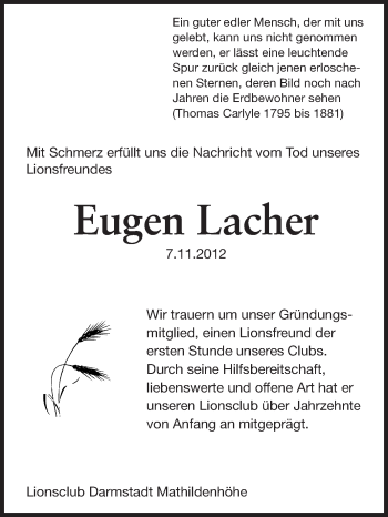 Traueranzeige von Eugen Lacher von Echo-Zeitungen (Gesamtausgabe)