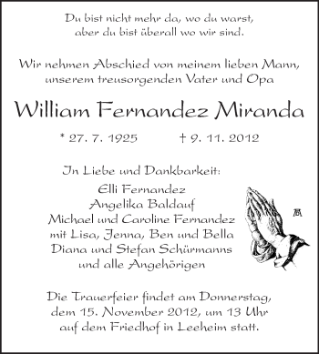 Traueranzeige von William Fernandez Miranda von Rüsselsheimer Echo, Groß-Gerauer-Echo, Ried Echo