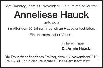 Traueranzeige von Anneliese Hauck von Echo-Zeitungen (Gesamtausgabe)