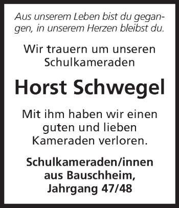 Traueranzeige von Horst Schwegel von Rüsselsheimer Echo, Groß-Gerauer-Echo, Ried Echo