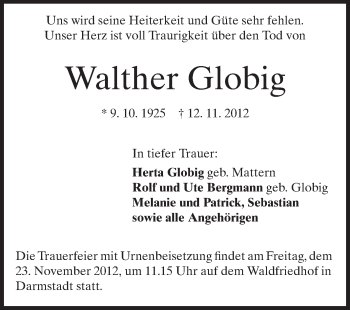 Traueranzeige von Walther Globig von Echo-Zeitungen (Gesamtausgabe)