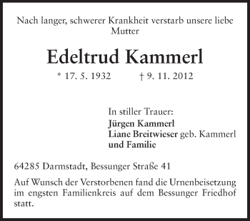 Traueranzeige von Edeltrud Kammerl von Echo-Zeitungen (Gesamtausgabe)
