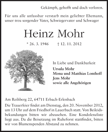 Traueranzeige von Heinz Mohr von Odenwälder Echo