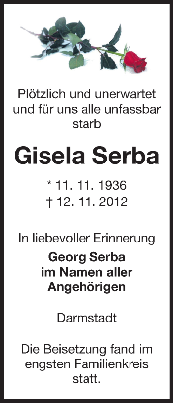 Traueranzeige von Gisela Serba von Echo-Zeitungen (Gesamtausgabe)
