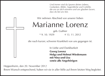Traueranzeige von Marianne Lorenz von Starkenburger Echo