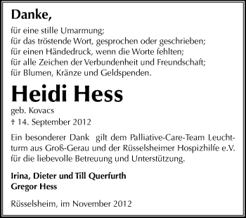 Traueranzeige von Heidi Hess von Rüsselsheimer Echo, Groß-Gerauer-Echo, Ried Echo