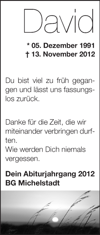 Traueranzeige von David  von Odenwälder Echo