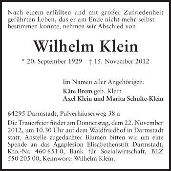 Traueranzeige von Wilhelm Klein von Echo-Zeitungen (Gesamtausgabe)