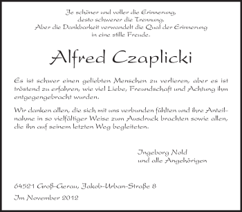 Traueranzeige von Alfred Czaplicki von Rüsselsheimer Echo, Groß-Gerauer-Echo, Ried Echo