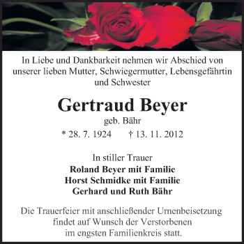 Traueranzeige von Gertraud Beyer von Odenwälder Echo