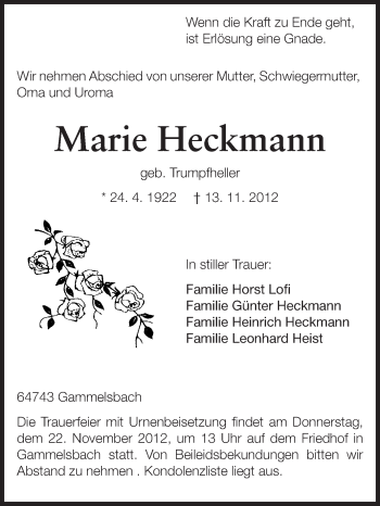 Traueranzeige von Marie Heckmann von Odenwälder Echo