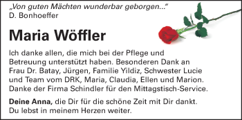 Traueranzeige von Maria Wöffler von Echo-Zeitungen (Gesamtausgabe)