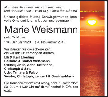 Traueranzeige von Marie Weismann von Rüsselsheimer Echo, Groß-Gerauer-Echo, Ried Echo
