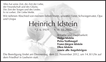 Traueranzeige von Heinrich Idstein von Rüsselsheimer Echo, Groß-Gerauer-Echo, Ried Echo
