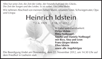 Traueranzeige von Heinrich Idstein von Rüsselsheimer Echo, Groß-Gerauer-Echo, Ried Echo