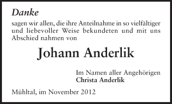 Traueranzeige von Johann Anderlik von Echo-Zeitungen (Gesamtausgabe)