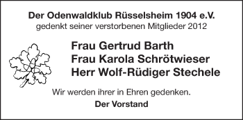 Traueranzeige von Odenwaldklub Rüsselsheim 1904 Gedenken von Rüsselsheimer Echo, Groß-Gerauer-Echo, Ried Echo