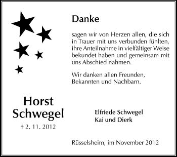 Traueranzeige von Horst Schwegel von Rüsselsheimer Echo, Groß-Gerauer-Echo, Ried Echo