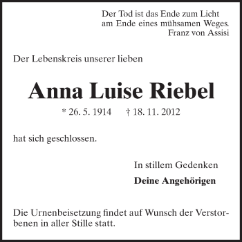 Traueranzeige von Anna  Luise Riebel von Echo-Zeitungen (Gesamtausgabe)