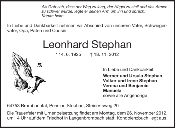 Traueranzeige von Leonhard Stephan von Odenwälder Echo