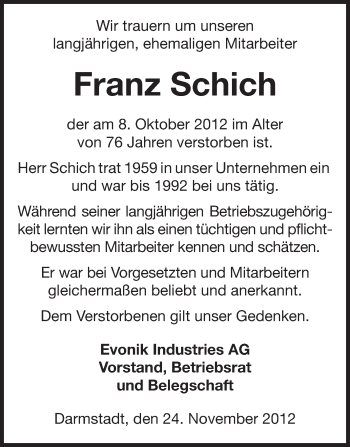 Traueranzeige von Franz Schich von Echo-Zeitungen (Gesamtausgabe)