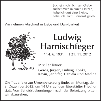 Traueranzeige von Ludwig Harnischfeger von Echo-Zeitungen (Gesamtausgabe)