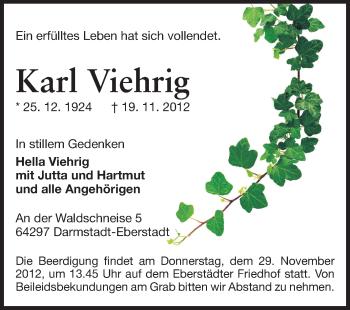 Traueranzeige von Karl Viehrig von Echo-Zeitungen (Gesamtausgabe)