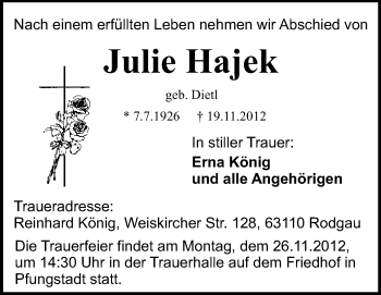 Traueranzeige von Julie Hajek von Echo-Zeitungen (Gesamtausgabe)