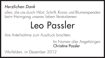 Traueranzeige von Leo Passler von Rüsselsheimer Echo, Groß-Gerauer-Echo, Ried Echo