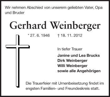Traueranzeige von Gerhard Weinberger von Rüsselsheimer Echo, Groß-Gerauer-Echo, Ried Echo