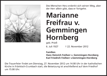 Traueranzeige von Marianne Freifrau von Gemmingen Hornberg von Echo-Zeitungen (Gesamtausgabe)