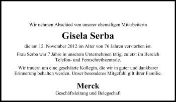 Traueranzeige von Gisela Serba von Echo-Zeitungen (Gesamtausgabe)