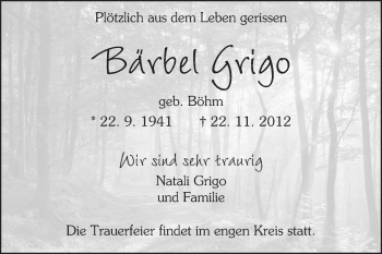 Traueranzeige von Bärbel Grigo von Darmstädter Echo, Odenwälder Echo, Rüsselsheimer Echo, Groß-Gerauer-Echo, Ried Echo