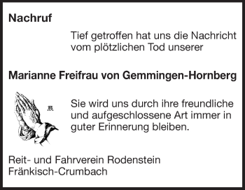 Traueranzeige von Marianne Freifrau von Gemmingen Hornberg von Echo-Zeitungen (Gesamtausgabe)