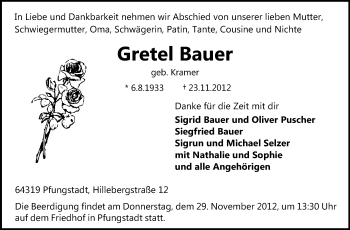 Traueranzeige von Gretel Bauer von Darmstädter Echo, Odenwälder Echo, Rüsselsheimer Echo, Groß-Gerauer-Echo, Ried Echo