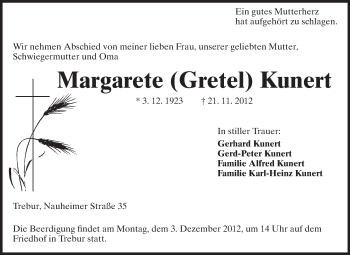 Traueranzeige von Margarete Kundert von Rüsselsheimer Echo, Groß-Gerauer-Echo, Ried Echo
