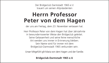 Traueranzeige von Peter von dem Hagen von Darmstädter Echo, Odenwälder Echo, Rüsselsheimer Echo, Groß-Gerauer-Echo, Ried Echo